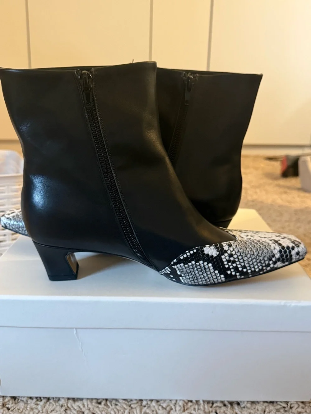 Designer Ankle Boots with Black-and-White Snake-Print Toe US 8